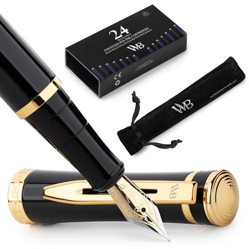 Wordsworth & Black Fountain Pen Set for Writing, Extra Fine Nib, Black | Gift for Men & Women, Brass Body, 18K German Iridium, Calligraphy, Converter + 24 Ink Cartridges, Refillable, Leak-Free - color: Black Gold, style: Extra Fine Nib