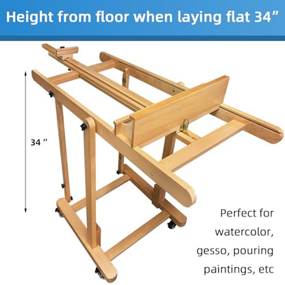 Falling in Art Extra Large H-Frame Studio Easel with Storage Tray (Natural) | Solid Beechwood Artist Easel , Adjustable Canvas Holder Stand with Rolling Wheels for Painting Adult - style: Studio Easel Natural