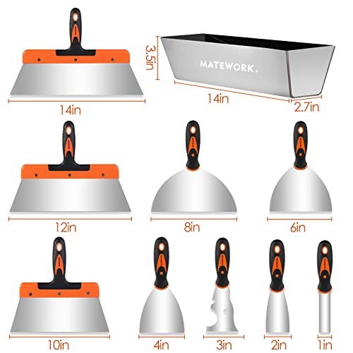 MATEWORK Putty knife,10 Piece Stainless Steel Paint Scraper Tool Set,14" Mud Pan for Repairing Drywall, Removing Wallpaper, Applying Putty, Plaster, Cement, Adhesive | 304 Hardened Stainless Steel, Complete Multi-Size, Rust and Corrosion Resistant, Versat