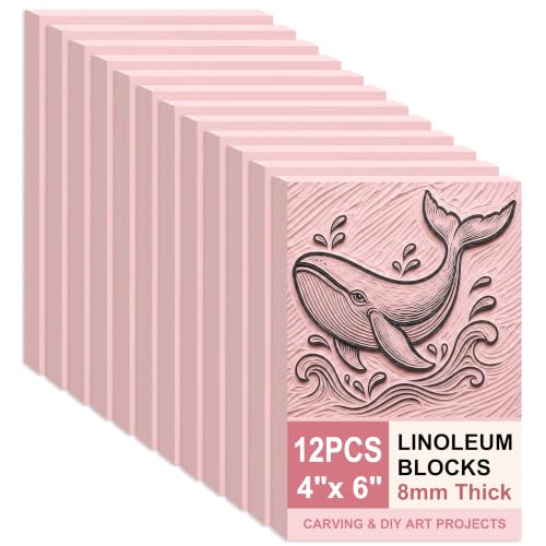 SGHUO 12pcs 4"x6" Pink Rubber Linoleum Blocks for Printmaking, 8mm Thick | Pink Rubber Linoleum Blocks for Printmaking, Rubber Stamps Linoleum Block, Stamp Making Kit, DIY Crafts Art Projects Linocut