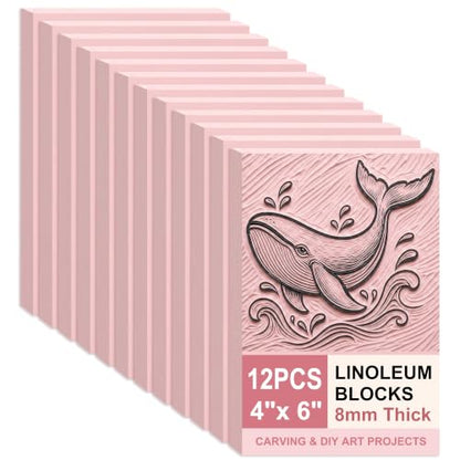 SGHUO 12pcs 4"x6" Pink Rubber Linoleum Blocks for Printmaking, 8mm Thick | Pink Rubber Linoleum Blocks for Printmaking, Rubber Stamps Linoleum Block, Stamp Making Kit, DIY Crafts Art Projects Linocut