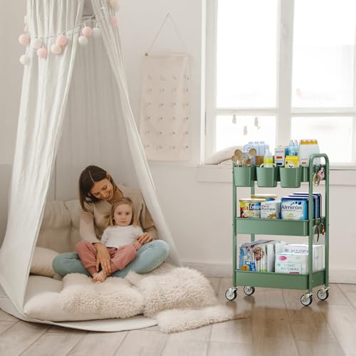 YASONIC 3-Tier Rolling Cart, Green, 66 Pounds Capacity, Mesh Storage Organizer with Lockable Wheels, 3 Hanging Cups, 4 Hooks, Easy Assembly, for Kitchen, Bathroom, Laundry, Grocery | Sturdy Rolling Storage Cart With Hooks & Hanging Cups, Great For Craft,