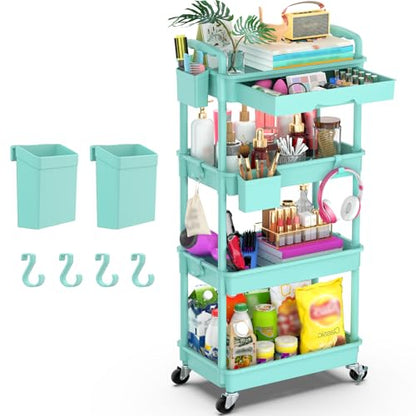 Goovilla 4 Tier Rolling Utility Cart Organizer with Removable Drawer, Blue | Stable and Sturdy Rolling Storage Carts with 2 Lockable Wheels for Bathroom, Kitchen, Snack, Craft, Makeup, Baby Essentials - size: 4 Tier, style: Blue