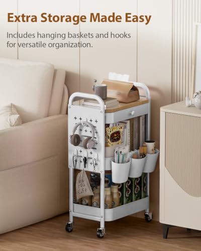 ALVOROG 3 Tier Metal Rolling Cart with Drawer,Wood Top,Pegboards,White | Storage Utility Cart with Drawers,Pegboards,Lockable Wheels,Baskets,Hooks for Kitchen,Office,Bedroom,DIY Supplies - color: White