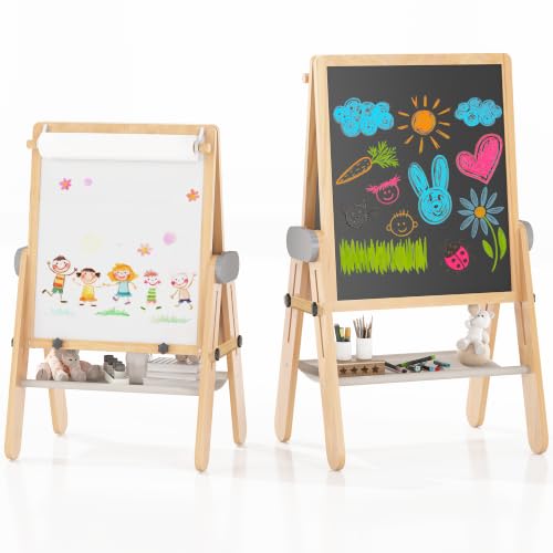 3-In-1 Folding Kids Art Easel - Double-Sided Foldable Wooden Art Easel with Chalkboard & Whiteboard, Height Adjustable, Portable Art Station with Paper Roll Holder, Ideal Gift for Girl & Boy - style: Folding Easel