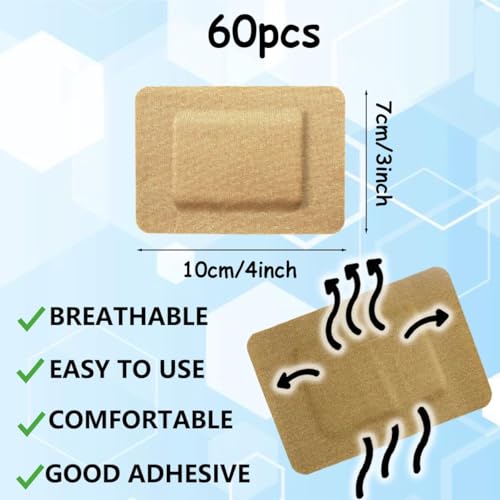 60pcs 3 x 4 Inch Flexible Adhesive Bandages Breathable Large Size Bulk Fabric Sterile Bandage for First Aid Skin Wound Protection Care
