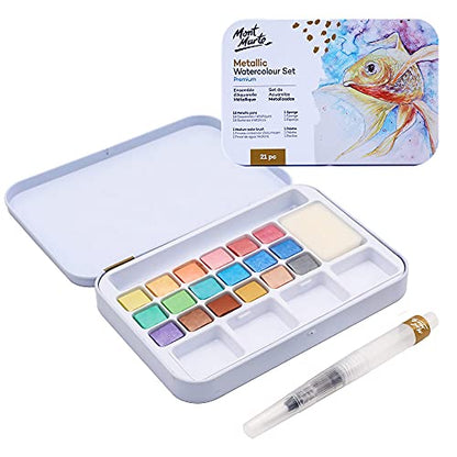 Mont Marte Premium Metallic Watercolor Cake Set, 21 Piece, 18 Colors, 1 Water Brush, 1 Sponge, 4 Mixing Wells - color: basic