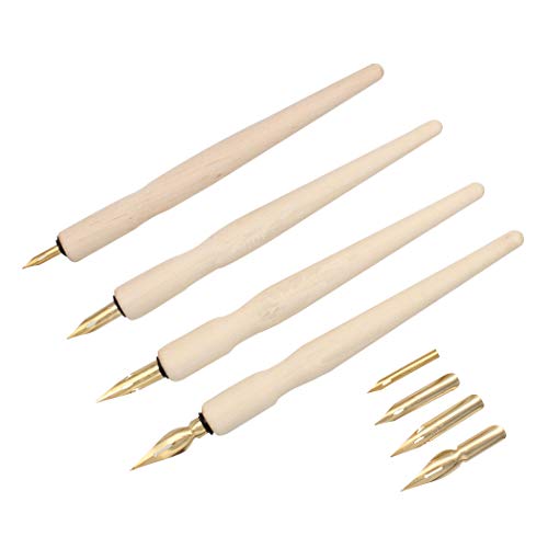 Wooden Professional Manga Pen Dip Pen Set with 4 Nibs Manga Cartoon Comic Drawing Painting Kit - 4 Pcs - color: Wood