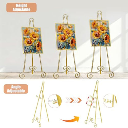 46" H Adjustable Metal Display Easel - Vintage Gold Scroll Design, Rust-Proof Metal Stand for Showcasing Pictures, Artlork, Picture Frame and Wedding Signs