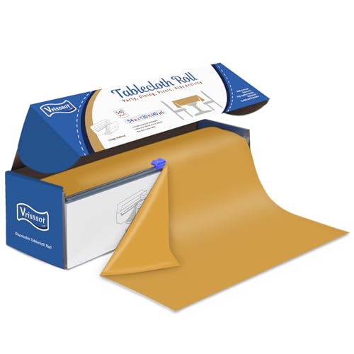 Plastic Table Cover Roll Disposable Tablecloth: 54in X 120ft Table Covers Plastic Table Cover Roll with Easy Slide Cutter Plastic Table Cloths for Parties Disposable-Gold - color: Gold, size: 1440" x 54" (Rectangular)