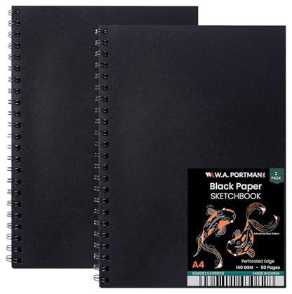 WA Portman Black Paper Sketchpad A4, 140 GSM (2-Pack) 60 Pages Drawing Pad | 2-Pack Black Sketch Pad Notebook A4 (8.3" X 11.7") Chalk Paper, Black Mixed Media Drawing Pad for Adults 60 Pages(30 Sheets) - size: A4 2 Pack