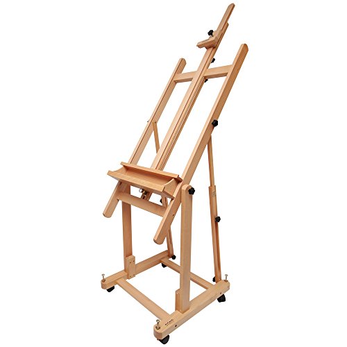 Mont Marte Tilting Studio Wooden Floor Easel. Height Adjustable Extra Large H-Frame Featuring a Large Tilt Range. Castor Wheels Allow Easy Movement and Can Be Locked into Place.