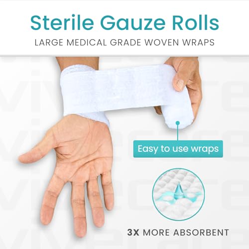 Vive Care XL Gauze Wrap Roll for Wounds (12 Count) Large Sterile Rolls - Individually Wrapped Medical Bandages HSA/FSA Approved - Extra Absorbent & Adhesive Gauze - 4"x4.1" Yards | Individually Wrapped Medical Bandages HSA/FSA Approved - Extra Absorbent &