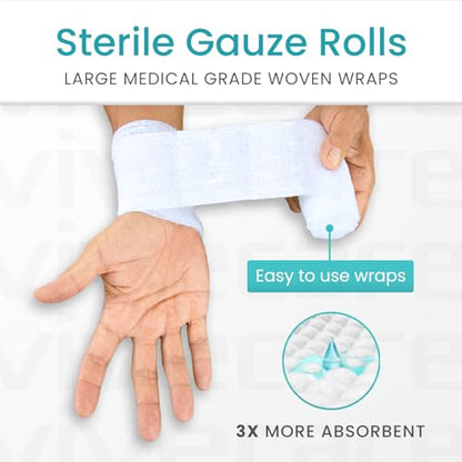 Vive Care XL Gauze Wrap Roll for Wounds (12 Count) Large Sterile Rolls - Individually Wrapped Medical Bandages HSA/FSA Approved - Extra Absorbent & Adhesive Gauze - 3"x4.1" Yards | Individually Wrapped Medical Bandages HSA/FSA Approved - Extra Absorbent &