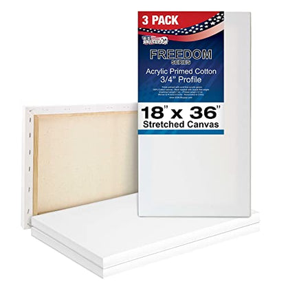 U.S. Art Supply 18 x 36 inch Stretched Canvas 12-Ounce Triple Primed, 3-Pack - Professional Artist Quality White Blank 3/4" Profile, 100% Cotton, Heavy-Weight Gesso - Acrylic Pouring, Oil Painting - size: 18-x-36-inch