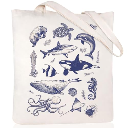 Canvas Aesthetic Tote Bag for Women with Inner Pocket Totes Shoulder Book Bag Shopping Reusable Grocery Bags - color: Sea Life Tote Bag 1