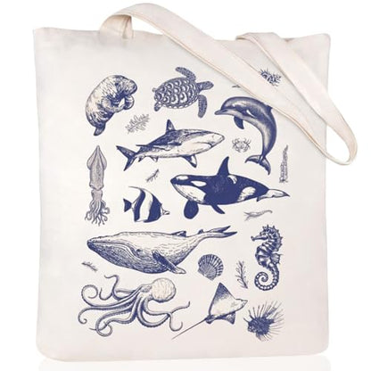 Canvas Aesthetic Tote Bag for Women with Inner Pocket Totes Shoulder Book Bag Shopping Reusable Grocery Bags - color: Sea Life Tote Bag 1