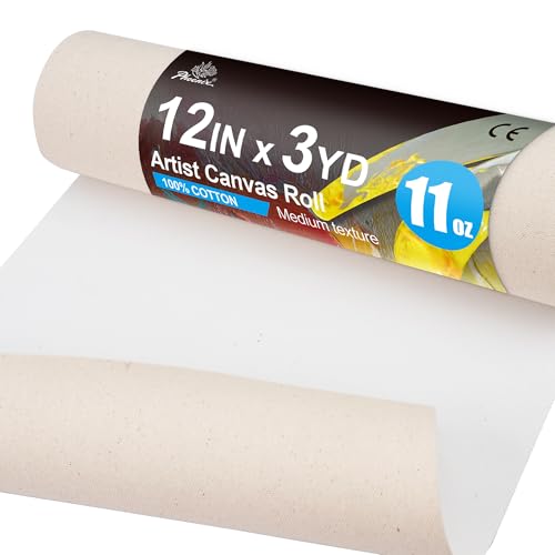 PHOENIX 12 Inch Wide x 3 Yard (9 Feet) Long Canvas Roll | 100% Cotton 11 Oz. Gesso Primed, Ready to Use Unstretched Professional Roll of Canvas for Oil & Acrylic Painting - size: 12 inch x 3 yard, style: 11 oz.