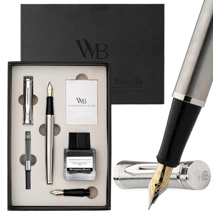 Wordsworth & Black Fountain Pen Gift Set, Medium & Extra Fine Nib, Silver | For Men & Women, Brass Body, 18K German Iridium, Ink Bottle + 6 Cartridges, Converter, Writing & Calligraphy, Journaling - color: Silver Chrome