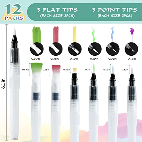 Junreox 12Pcs Watercolor Brush Pens, Leakproof, 6 Point Tips, 6 Flat Tips - size: 6 point tip and 6 flat tip