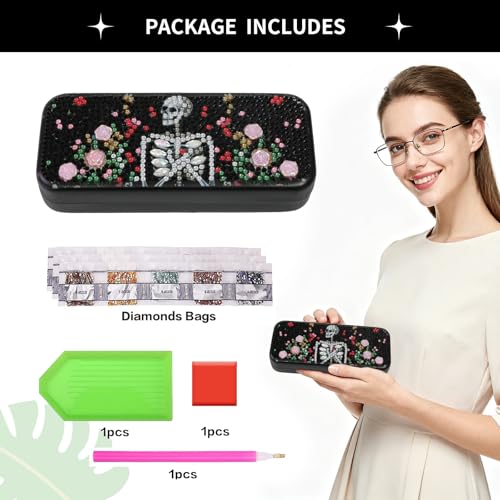 FlyingMage 5D Diamond Art Painting Kit for Adults Beginner, Small DIY Diamond Dots Gem Art Painting Mosaic Kits, Cute Hard Shell Sunglasses Eyeglasses Glasses Case for Women Teen, Flower Skull - color: Black Skull