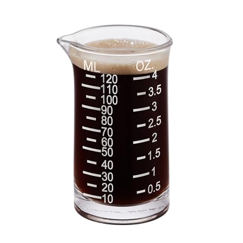 Ackers Shot Glass Etching Scale Measuring Cup 4 Ounce/120ML Liquid Heavy High Espresso Glass Cup,V-Shaped Spout - color: White (Etching Scale)