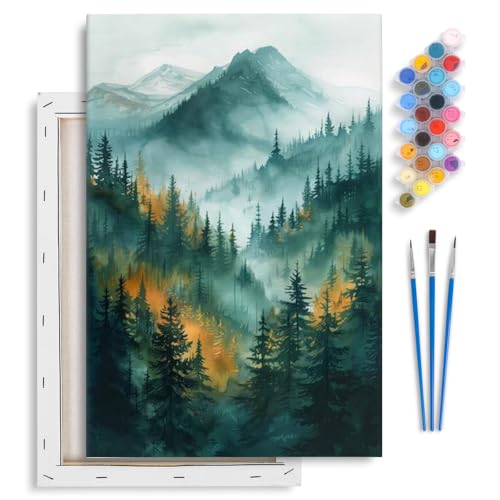 Yezavesu Framed Paint by Numbers Kit for Adults Beginner & Kids Ages 8-12, Mountain Paint by Numbers with Frame, DIY Number Painting for Adults Watercolor Forest for Home Wall Decor Gift 8X 12 inch | For Adults Beginner & Kids Ages 8-12, With Frame Canvas