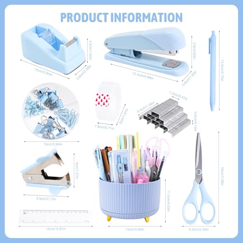 Gawsey Blue Desk Organizers and Accessories with Desk Organizer 360° Rotating Pen Holder and Office Supplies, Cute Stationery Supplies Set - color: Blue