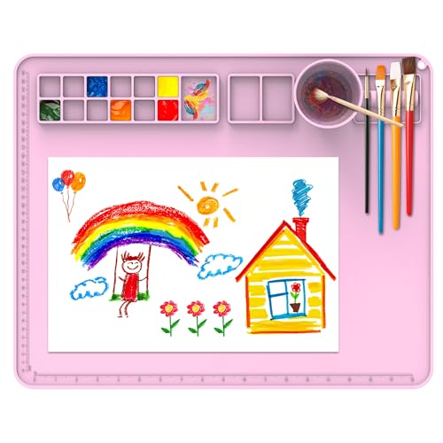 IYYI Silicone Painting Mat, Paint Mat with Cup and Palette, 20"X16" Siliocne Pad for Crafts, Resin, Clay, Kids Art Pad with Raised Edge (Pink) - color: Pink