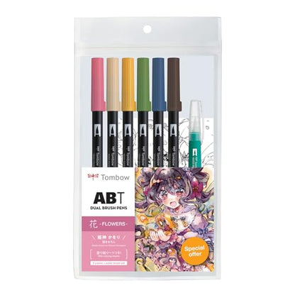 Tombow 72560 Dual Brush Pen Art Markers, Manga Illustration, Flower 6-Pack