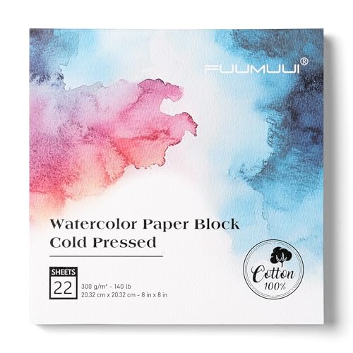 Watercolor Paper Block 8x8 Inch, Fuumuui 100% Cotton Watercolor Paper Pad of 22 Sheets, 140lb/300gsm, Acid-Free Cold Pressed Art Paper for Painting, Drawing, Art Journaling, Wet, Mixed Media - color: Cold Press, size: 8“×8”