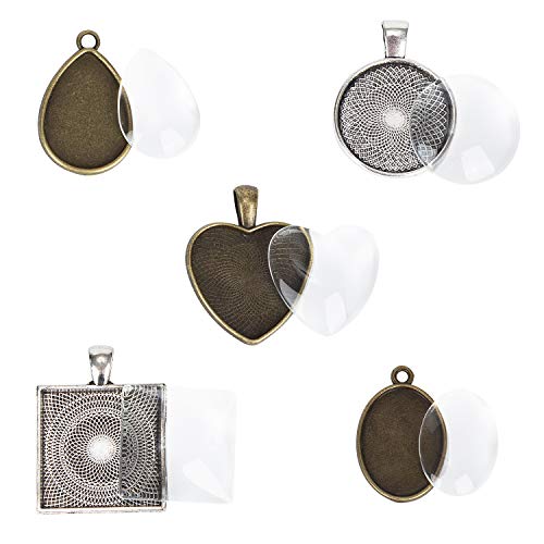 60Pcs Pendant Trays 5 Styles Resin Jewelry Making Kit with Glass Cabochons - color: 30Pcs Metal Pendant+30pcs Bright Glass Cabochon