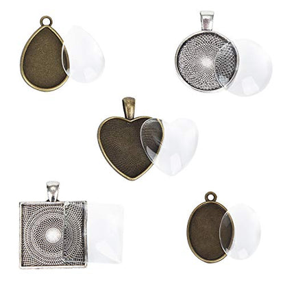 60Pcs Pendant Trays 5 Styles Resin Jewelry Making Kit with Glass Cabochons - color: 30Pcs Metal Pendant+30pcs Bright Glass Cabochon
