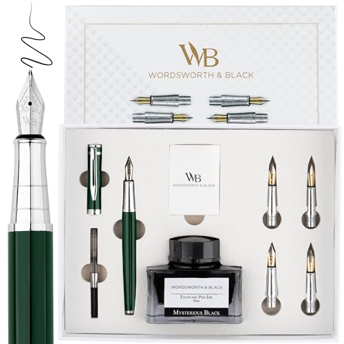 Wordsworth & Black Luxury Fountain Pen Set for Writing, 6 Nibs, Green | Fountain Ink Bottle, Cartridges & Refill Converter, Refillable, Green, High End Gift for Men & Women, Journaling & Lettering - color: Green Chrome