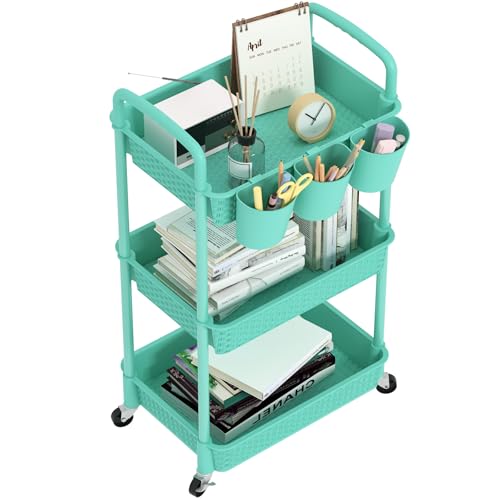 MOYIPIN 3-Tier Plastic Rolling Utility Cart with Handle,Turquoise | Utility Storage Cart for Office, Living Room, Kitchen,Movable Storage Organizer，Easy installation，Rattan-like art design - color: Turquoise, size: 3-Tiers with cups