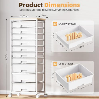SYKIARIOL Rolling Storage Cart with 10 Drawers,White | Craft Cart with 3 Big Drawers + 7 Small Drawers,Teacher Storage Cart with Wooden Tabletop for School,Office and Home