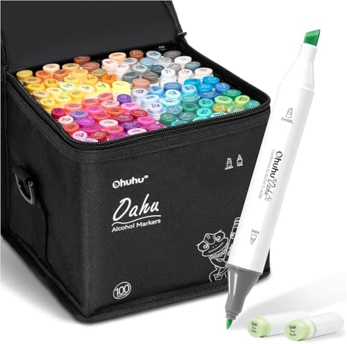 Ohuhu Alcohol Markers Double Tipped Art Marker Set for Artists Adults Coloring Sketch Illustration - Chisel & Fine - 100 Colors - Oahu of Ohuhu Markers - Refillable - AP Certificated | AP Certified Art Marker, Dual Tips Alcohol-based for Artists Beginners