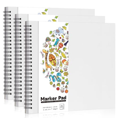 3 Pack Marker Paper Pad, 8.3 × 8.9 in, Double-Sided, 200gsm | Bleed-Resistant Paper, Spiral Bound with Perforated Pages, Smooth Surface for Alcohol Markers & Mixed Media - size: 8.3×8.9 Inch (3 Pack)