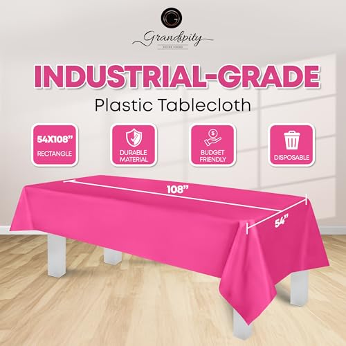 Grandipity Plastic Table Cloth Disposable 12 Pack 54” x 108” Rectangle | Hot Pink Plastic table covers, durable disposable tablecloths, fade and tear-resistent table cover for party, event - color: Hot Pink, size: 54in. x 108in. Rectangle