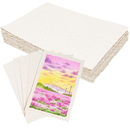 50 Sheets Deckled Edge Handmade Paper, 4” x 6” Rough Textured Watercolor Paper, 160 GSM, White, Cotton, Ideal for Wedding Birthday Invitations Greeting Cards DIY Crafts - color: 50 Sheets