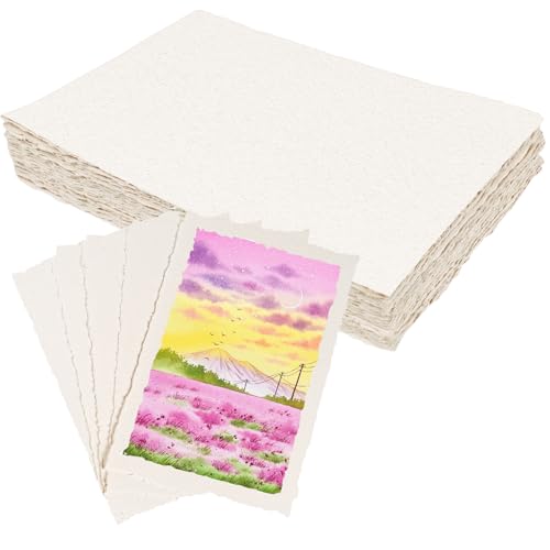 50 Sheets Deckled Edge Handmade Paper, 4” x 6” Rough Textured Watercolor Paper, 160 GSM, White, Cotton, Ideal for Wedding Birthday Invitations Greeting Cards DIY Crafts - color: 50 Sheets