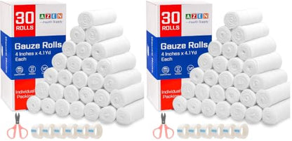 AZEN 60 Pack Gauze Rolls Bandages, 4 in x 4.1 Yards - color: 30p, size: 4IN (Pack of 2)