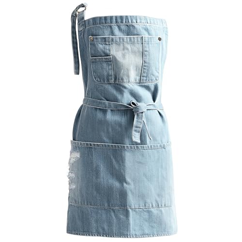 Denim Apron With 5 Pockets for Kitchens,Hairstylist Aprons for Women Men,Adjustable Bib Jean Apron for Arts Cafe Work - color: Light Blue, style: Apron