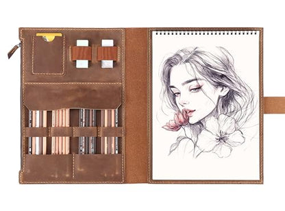 Fasjosma Leather Sketchbook Cover for A4/9"x12" Top Spiral Bound Sketch Pads - Handmade Genuine Leather Artist Case with Pencil Holder & Zipper Pocket, Professional Drawing Supplies(Brown, 9“ x 12 ") - color: Brown, size: 9“ x 12 "