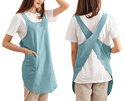 Cotton Cross Back Aprons Solid Color Cooking Kitchen Garden Smock for Women Girls with Pockets - color: Green