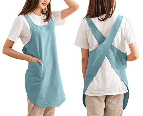 Cotton Cross Back Aprons Solid Color Cooking Kitchen Garden Smock for Women Girls with Pockets - color: Green