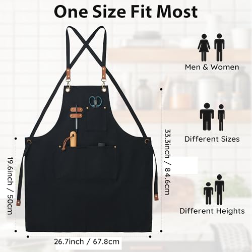 Chef Canvas Aprons with 3 Large Pockets Adjustable Strap for Men Women - color: Black
