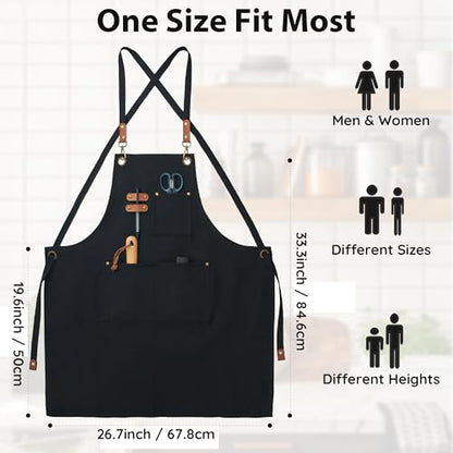 Chef Canvas Aprons with 3 Large Pockets Adjustable Strap for Men Women - color: Black
