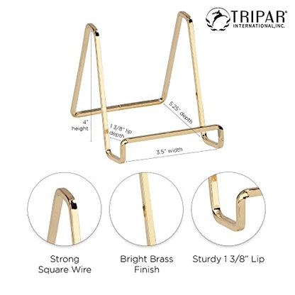 TRIPAR Square Metal Wire Stand, Brass Finish (4-Inch Depth) - Tabletop Easel Display - Handcrafted Edge Design For Sleek & Modern Look - Perfect for Books, Plates, Photos & More