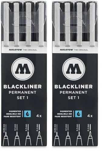 MOLOTOW Blackliner Pen 4-Pen Set 1 - .05mm, .1mm, .2mm, .4mm Tips, 1 Set Each (200.486) (Pack of 2) - size: 4 Count (Pack of 2)